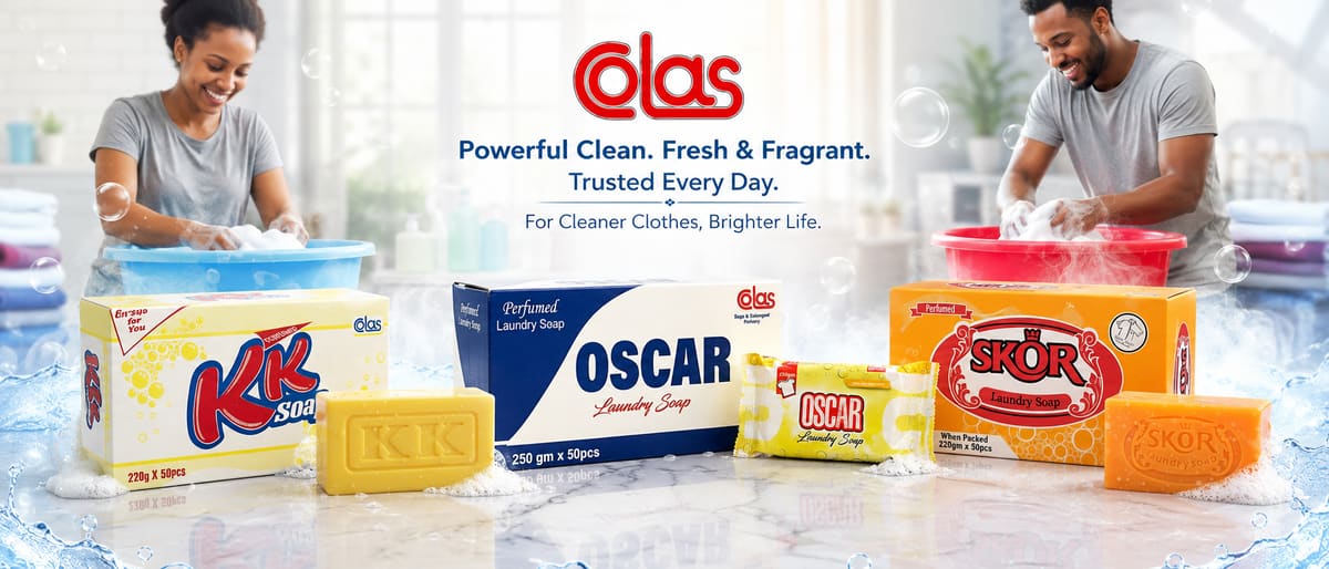 Colas campaign banner: two people washing laundry either side of the KK, OSCAR and SKOR range, with the line Powerful Clean. Fresh and Fragrant. Trusted Every Day. For Cleaner Clothes, Brighter Life.