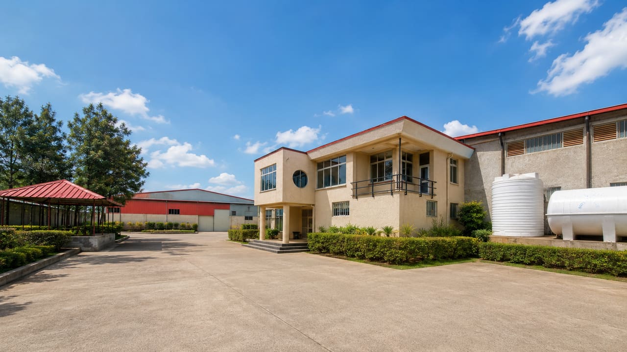 The Colas Industry site: the office building beside the production halls, with storage tanks and landscaped grounds.