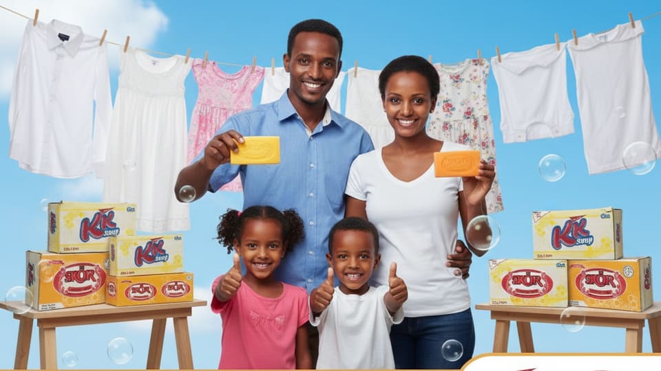 A family holding KK and SKOR bars in front of a washing line, cartons stacked either side.