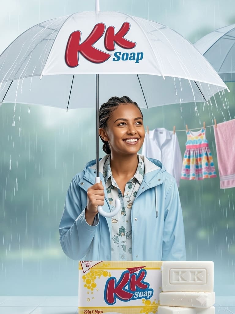 A woman under a KK Soap umbrella in the rain, washing drying on the line behind her.